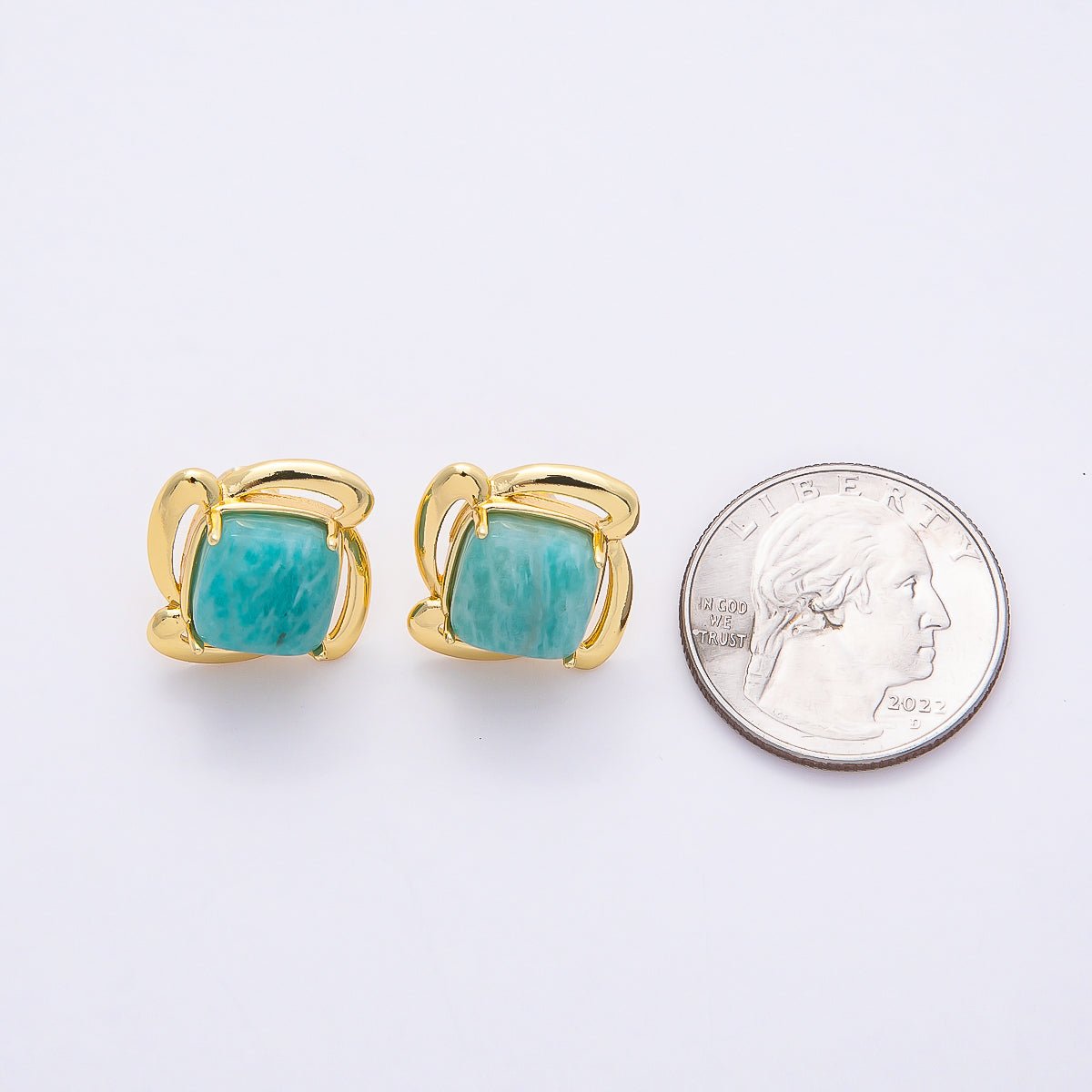 16K Gold Filled 18mm Green Amazonite Square Gemstone Spiral Flower Stud Earrings | Earrings-00366
