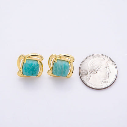 16K Gold Filled 18mm Green Amazonite Square Gemstone Spiral Flower Stud Earrings | Earrings-00366