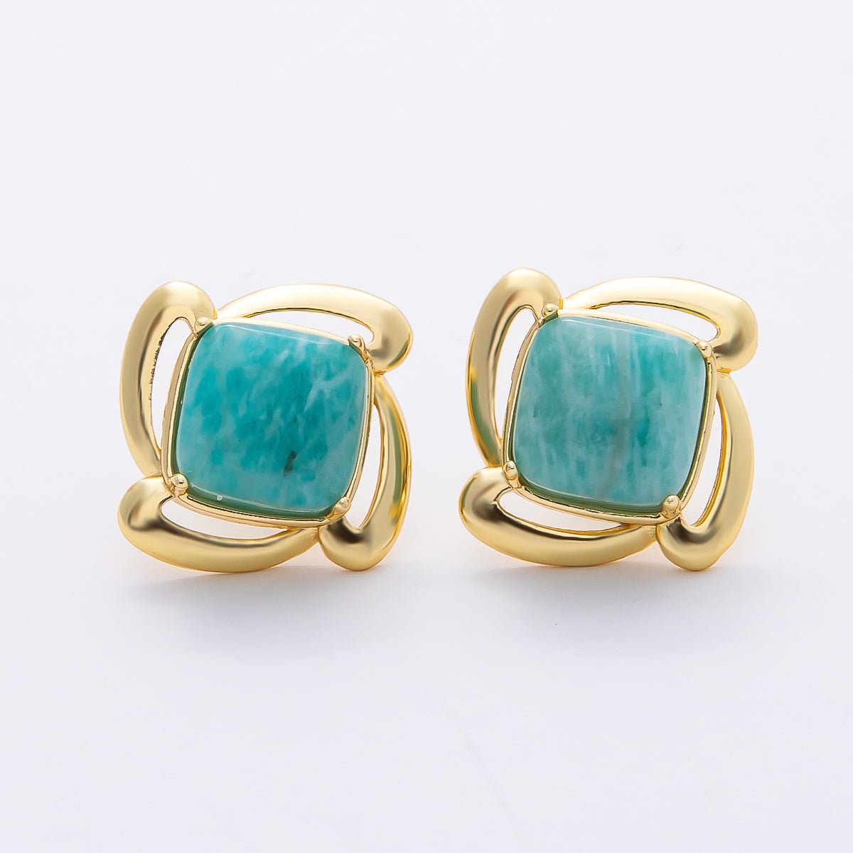 16K Gold Filled 18mm Green Amazonite Square Gemstone Spiral Flower Stud Earrings | Earrings-00366