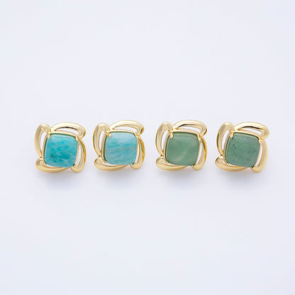 16K Gold Filled 18mm Green Amazonite Square Gemstone Spiral Flower Stud Earrings | Earrings-00366