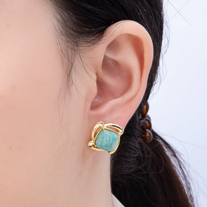 16K Gold Filled 18mm Green Amazonite Square Gemstone Spiral Flower Stud Earrings | Earrings-00366