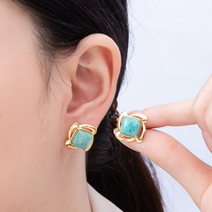 16K Gold Filled 18mm Green Amazonite Square Gemstone Spiral Flower Stud Earrings | Earrings-00366
