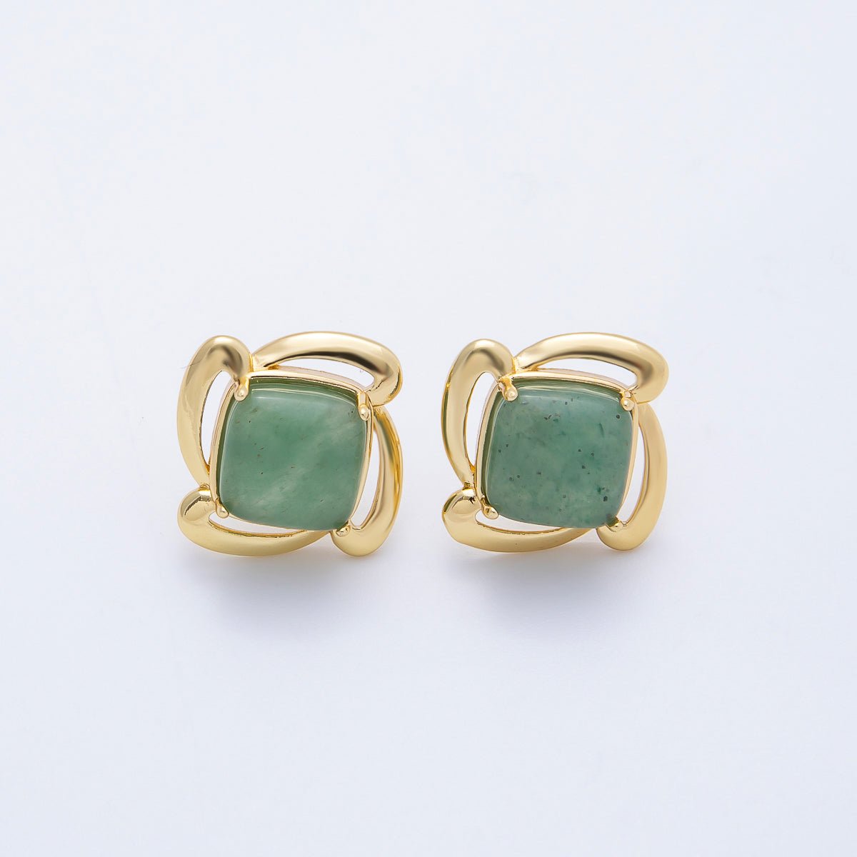 16K Gold Filled 18mm Green Aventurine Gemstone Flower Geometric Circular Stud Earrings | Earrings-00347