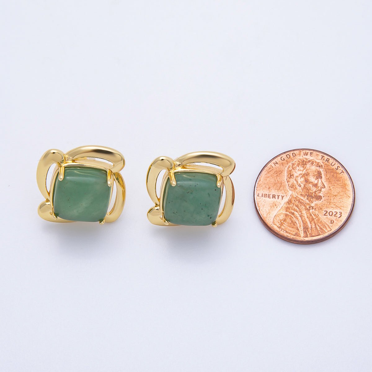 16K Gold Filled 18mm Green Aventurine Gemstone Flower Geometric Circular Stud Earrings | Earrings-00347