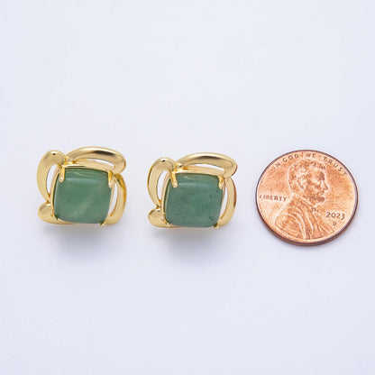 16K Gold Filled 18mm Green Aventurine Gemstone Flower Geometric Circular Stud Earrings | Earrings-00347