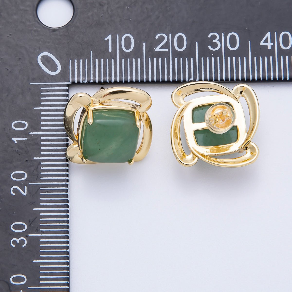 16K Gold Filled 18mm Green Aventurine Gemstone Flower Geometric Circular Stud Earrings | Earrings-00347