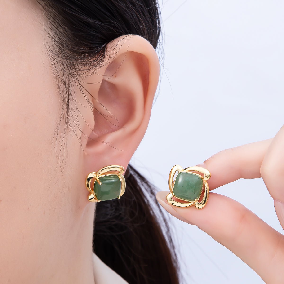 16K Gold Filled 18mm Green Aventurine Gemstone Flower Geometric Circular Stud Earrings | Earrings-00347