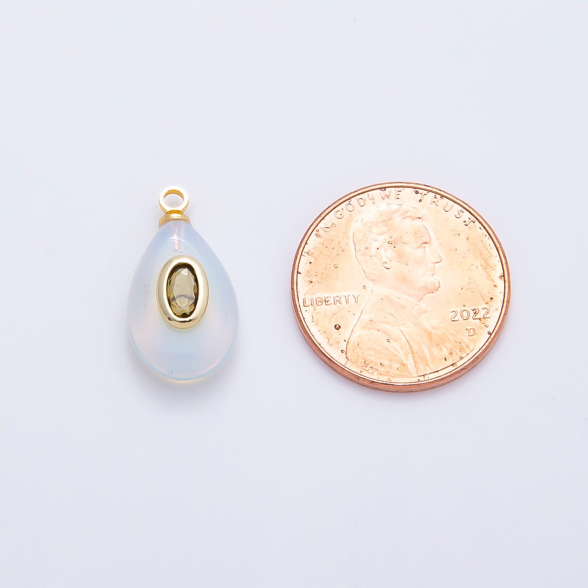 16K Gold Filled 18mm Green CZ Embedded White Opal Gemstone Teardrop Charm | Charms-01204
