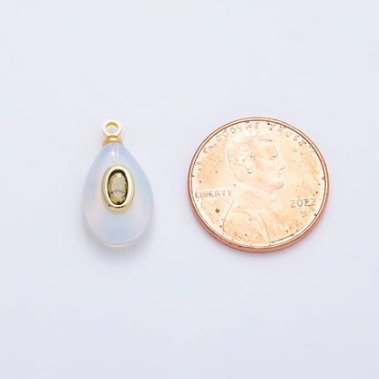 16K Gold Filled 18mm Green CZ Embedded White Opal Gemstone Teardrop Charm | Charms-01204