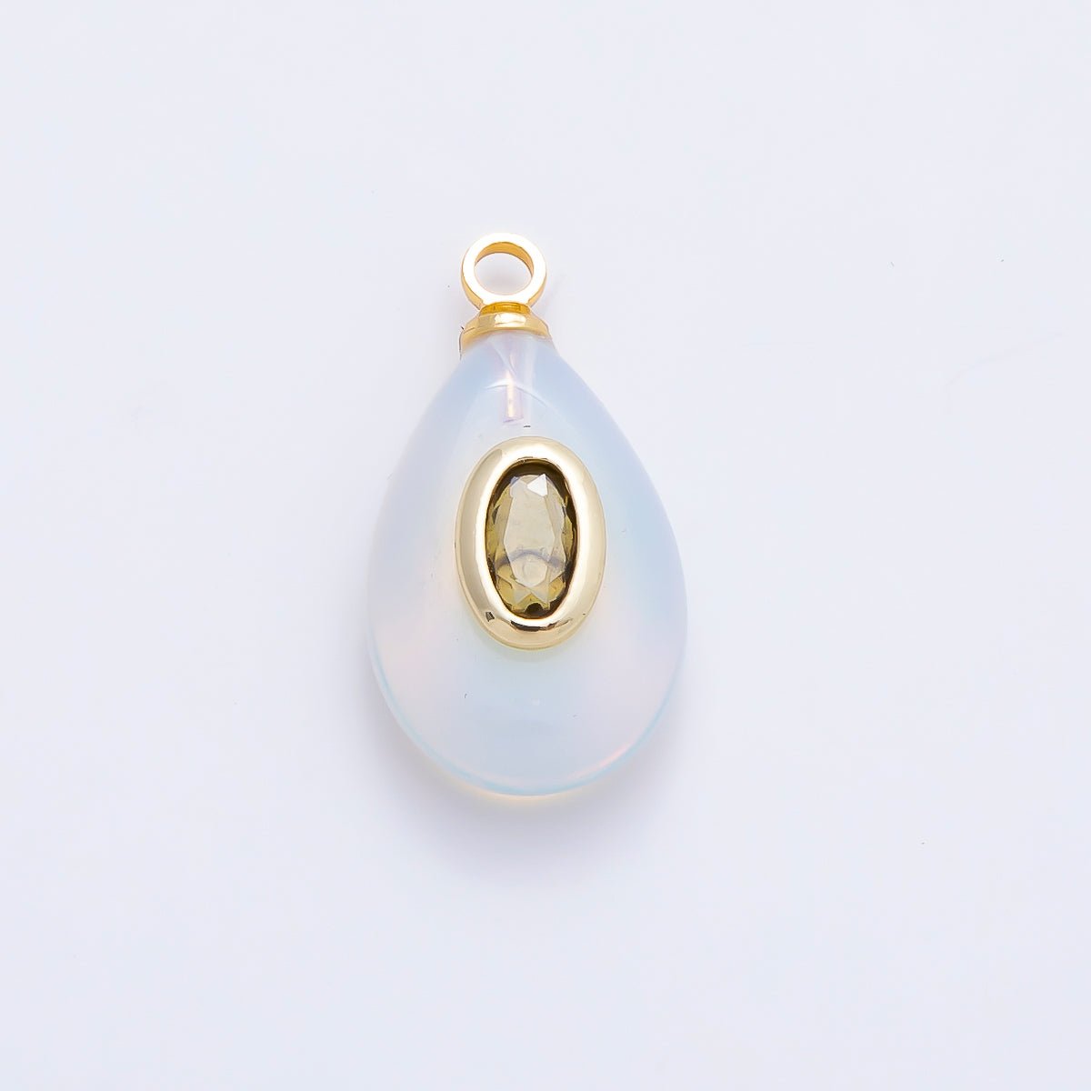 16K Gold Filled 18mm Green CZ Embedded White Opal Gemstone Teardrop Charm | Charms-01204