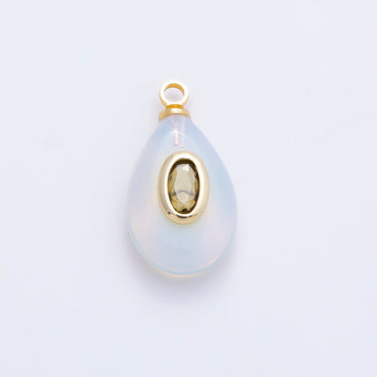 16K Gold Filled 18mm Green CZ Embedded White Opal Gemstone Teardrop Charm | Charms-01204