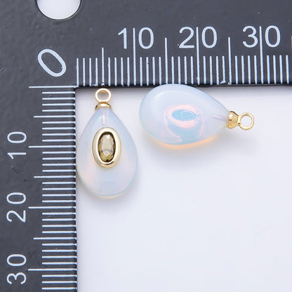 16K Gold Filled 18mm Green CZ Embedded White Opal Gemstone Teardrop Charm | Charms-01204