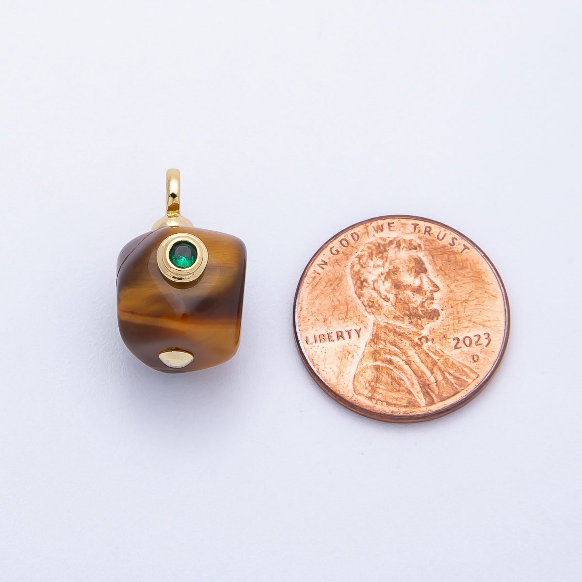 16K Gold Filled 18mm Green CZ Tiger Eye Gemstone Mini Charm | Charms-00650