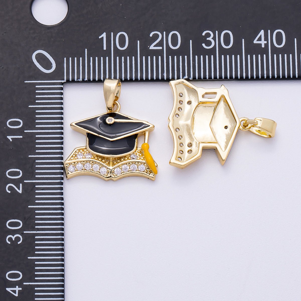 16K Gold Filled 18mm Micro Paved CZ Enamel Graduation Cap Pendant | Charms-00489