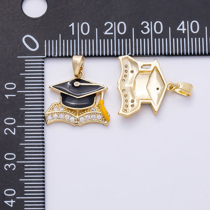 16K Gold Filled 18mm Micro Paved CZ Enamel Graduation Cap Pendant | Charms-00489