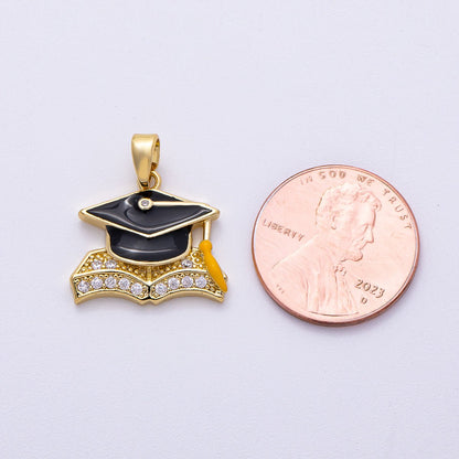 16K Gold Filled 18mm Micro Paved CZ Enamel Graduation Cap Pendant | Charms-00489