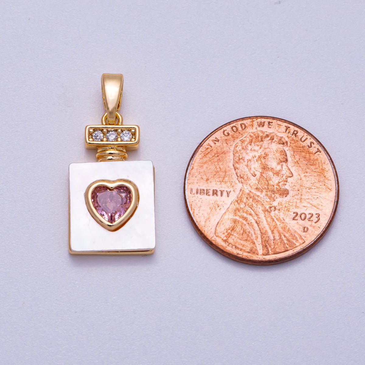 16K Gold Filled 18mm Micro Paved CZ Pink Heart Shell Heart Perfume Bottle Pendant | Charms-00637