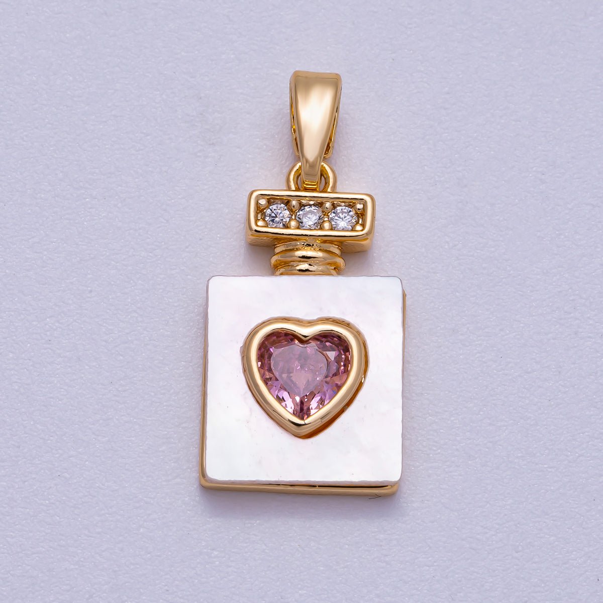 16K Gold Filled 18mm Micro Paved CZ Pink Heart Shell Heart Perfume Bottle Pendant | Charms-00637