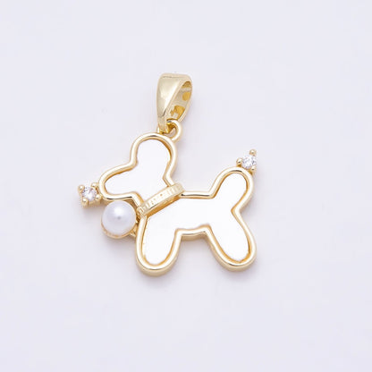 16K Gold Filled 18mm Shell Pearl Clear CZ Balloon Dog Animal Pendant | Charms-00948