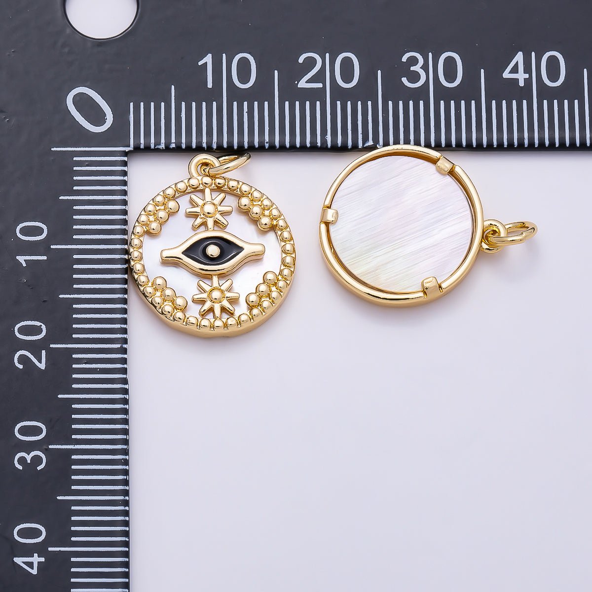 16K Gold Filled 18mm Black Evil Eye Star Shell Pearl Round Charm in Gold &amp; Silver | Charms-01353