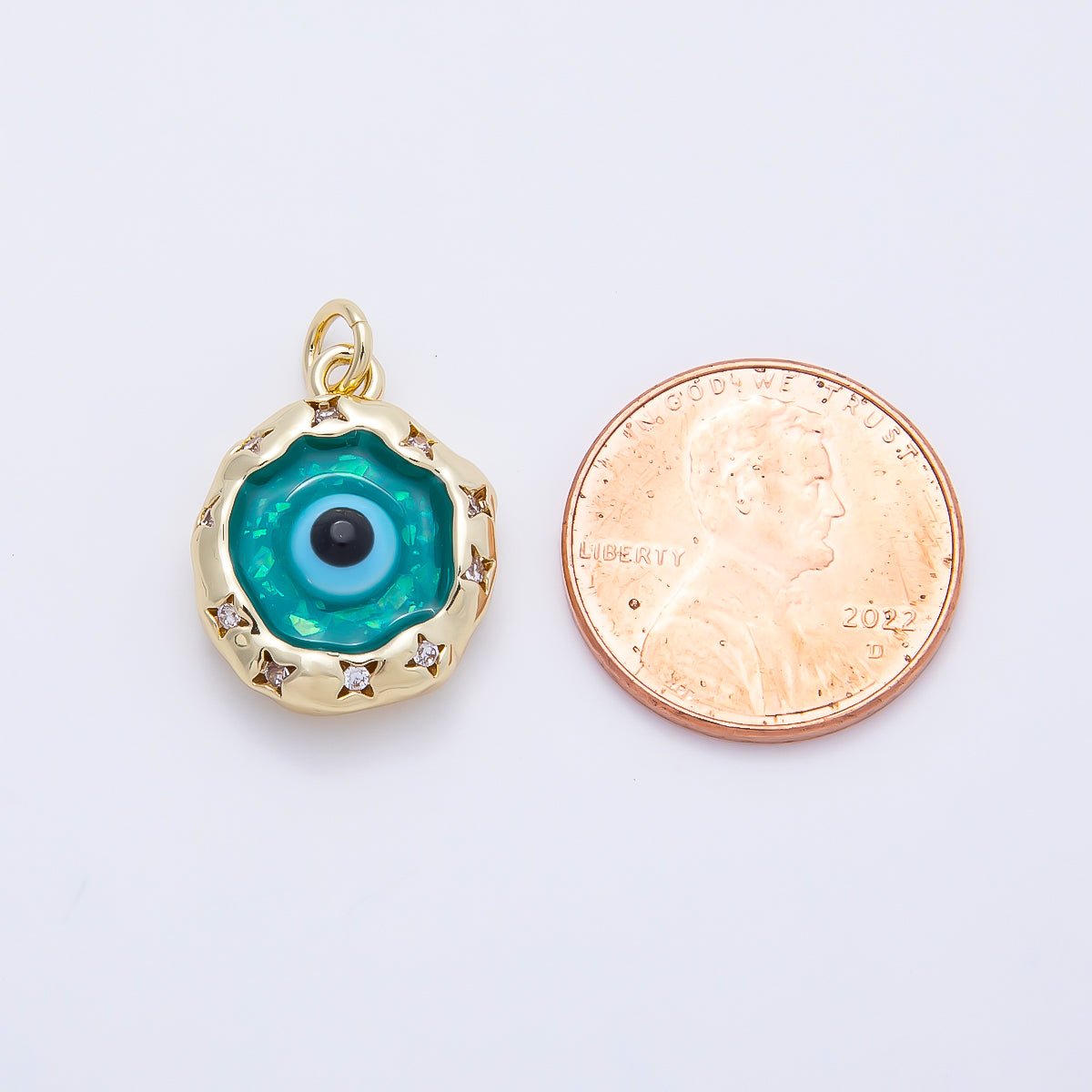 16K Gold Filled 18mm Teal Opal Clear CZ Star Dotted Molten Bezel Evil Eye Round Charm | Charms-01248