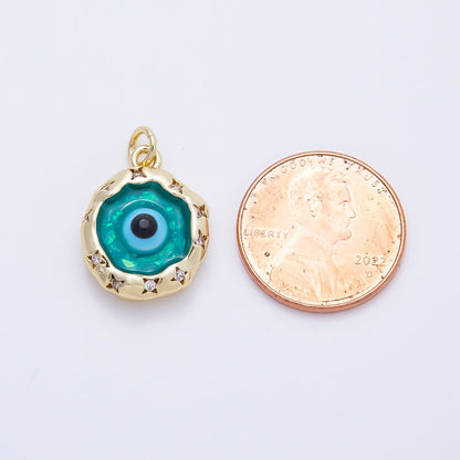 16K Gold Filled 18mm Teal Opal Clear CZ Star Dotted Molten Bezel Evil Eye Round Charm | Charms-01248