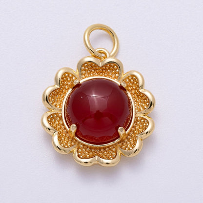 16K Gold Filled 19mm Amethyst, Carnelian Cabochon Gemstone Flower Charm | Charms-00608 Charms-00609
