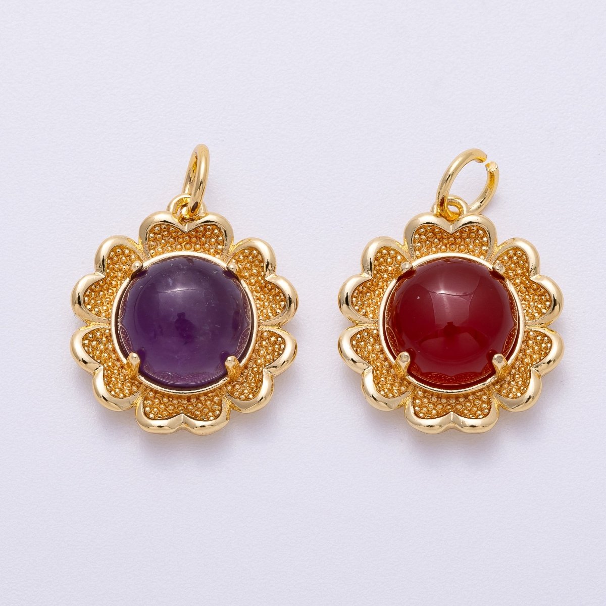 16K Gold Filled 19mm Amethyst, Carnelian Cabochon Gemstone Flower Charm | Charms-00608 Charms-00609