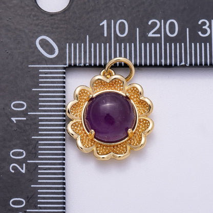 16K Gold Filled 19mm Amethyst, Carnelian Cabochon Gemstone Flower Charm | Charms-00608 Charms-00609
