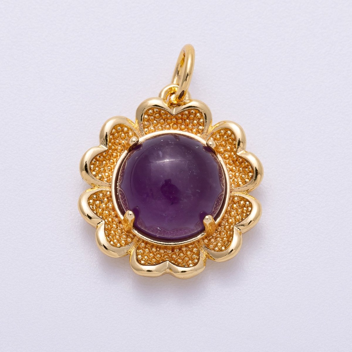 16K Gold Filled 19mm Amethyst, Carnelian Cabochon Gemstone Flower Charm | Charms-00608 Charms-00609