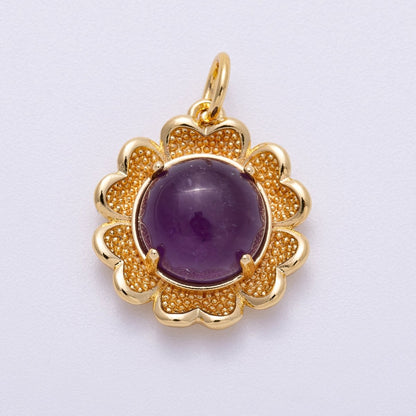 16K Gold Filled 19mm Amethyst, Carnelian Cabochon Gemstone Flower Charm | Charms-00608 Charms-00609