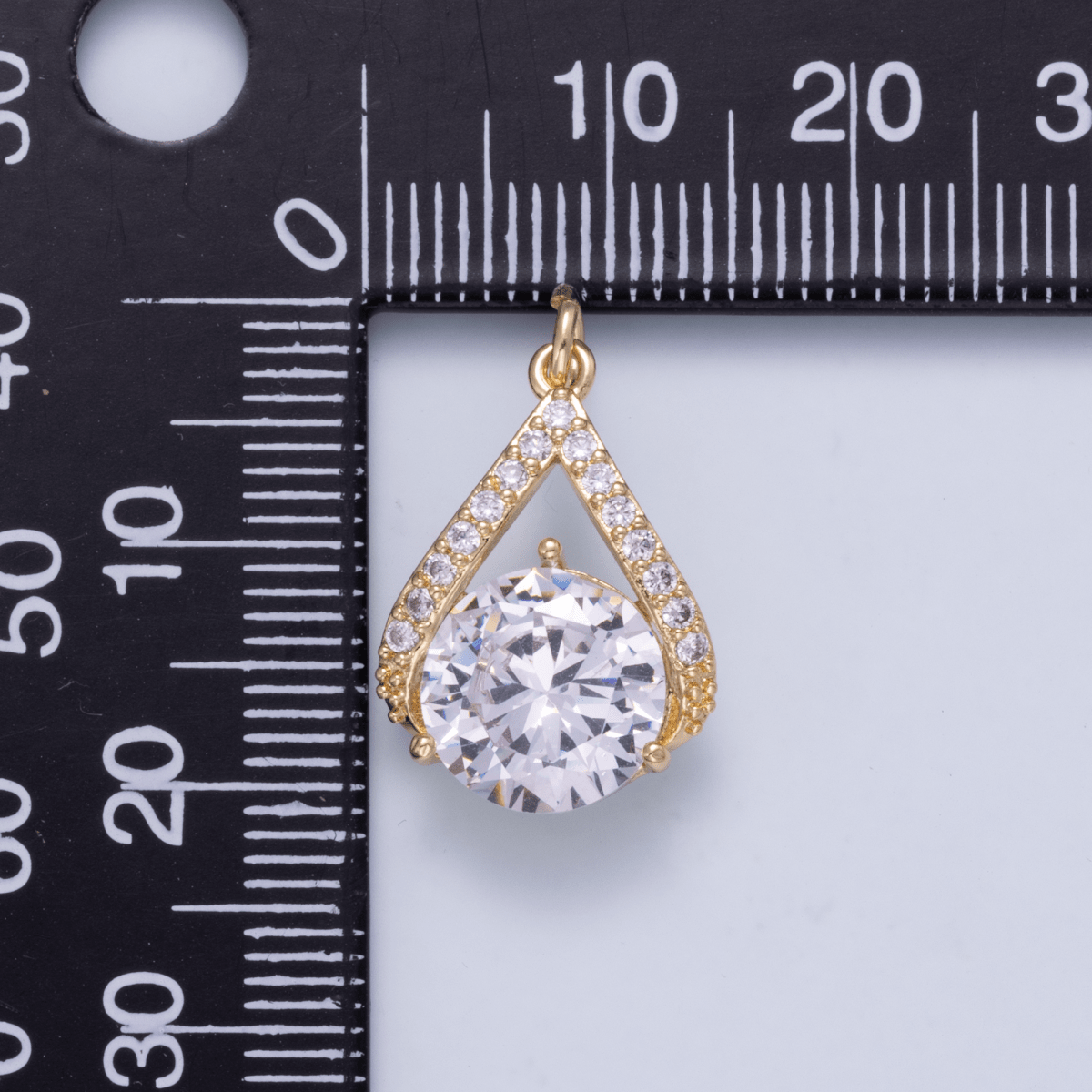 16K Gold Filled 19mm Clear CZ Round Micro Paved Teardrop Open Solitaire Charm | Charms-01267