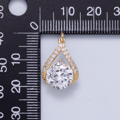16K Gold Filled 19mm Clear CZ Round Micro Paved Teardrop Open Solitaire Charm | Charms-01267