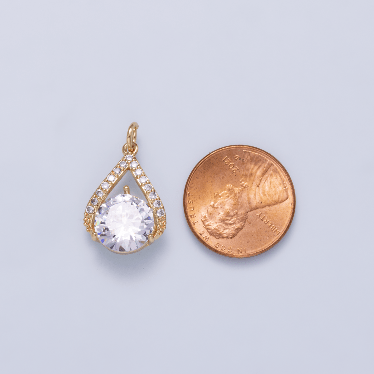 16K Gold Filled 19mm Clear CZ Round Micro Paved Teardrop Open Solitaire Charm | Charms-01267