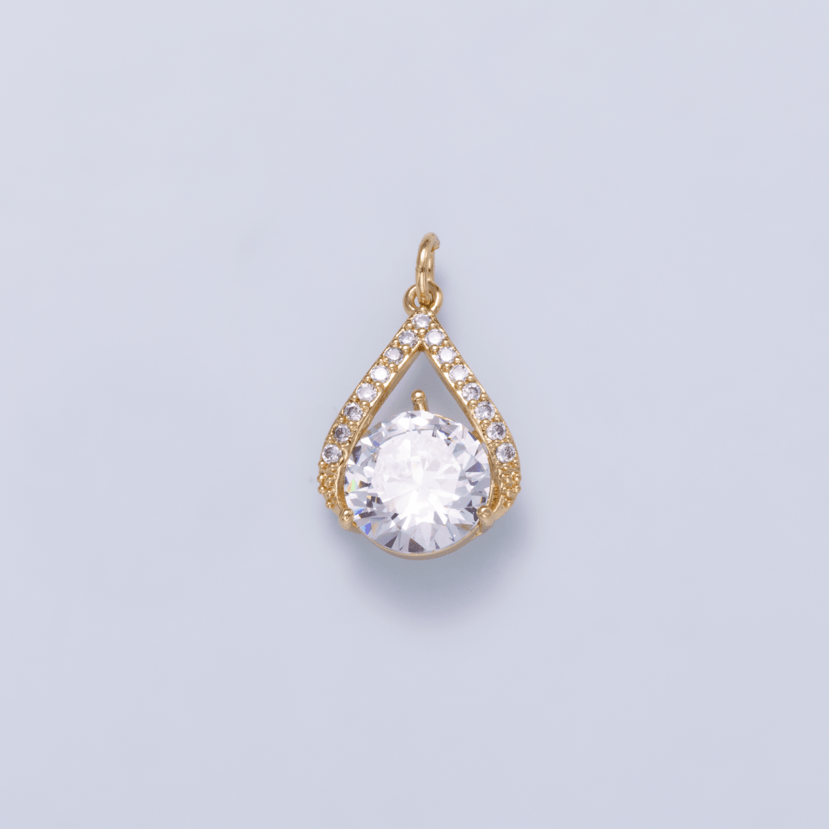 16K Gold Filled 19mm Clear CZ Round Micro Paved Teardrop Open Solitaire Charm | Charms-01267