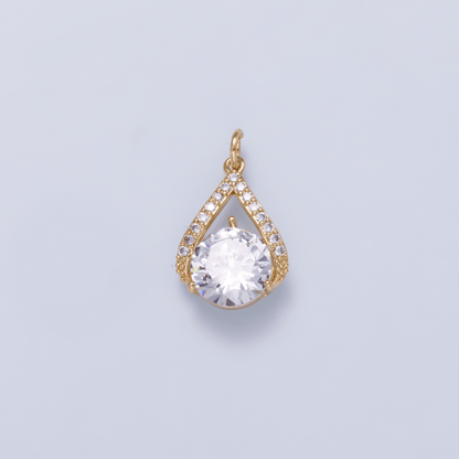 16K Gold Filled 19mm Clear CZ Round Micro Paved Teardrop Open Solitaire Charm | Charms-01267