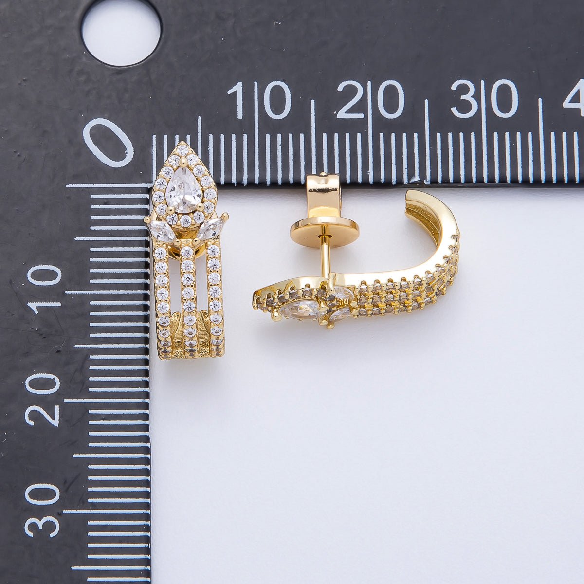 16K Gold Filled 19mm Micro Paved CZ Teardrop Claw J-Shaped Hoop Earrings | Earrings-00340