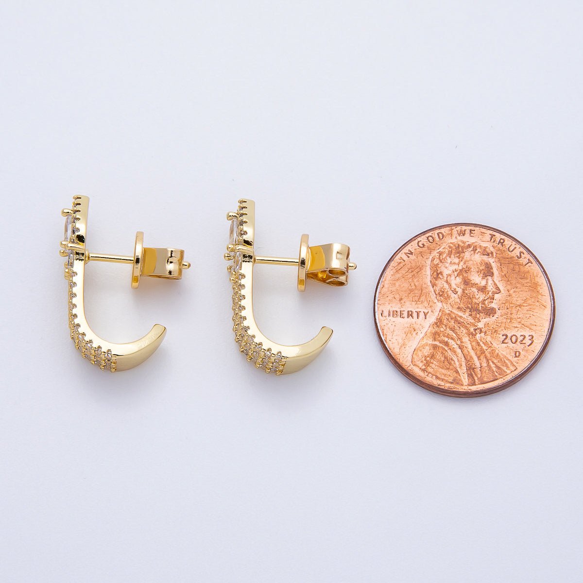 16K Gold Filled 19mm Micro Paved CZ Teardrop Claw J-Shaped Hoop Earrings | Earrings-00340
