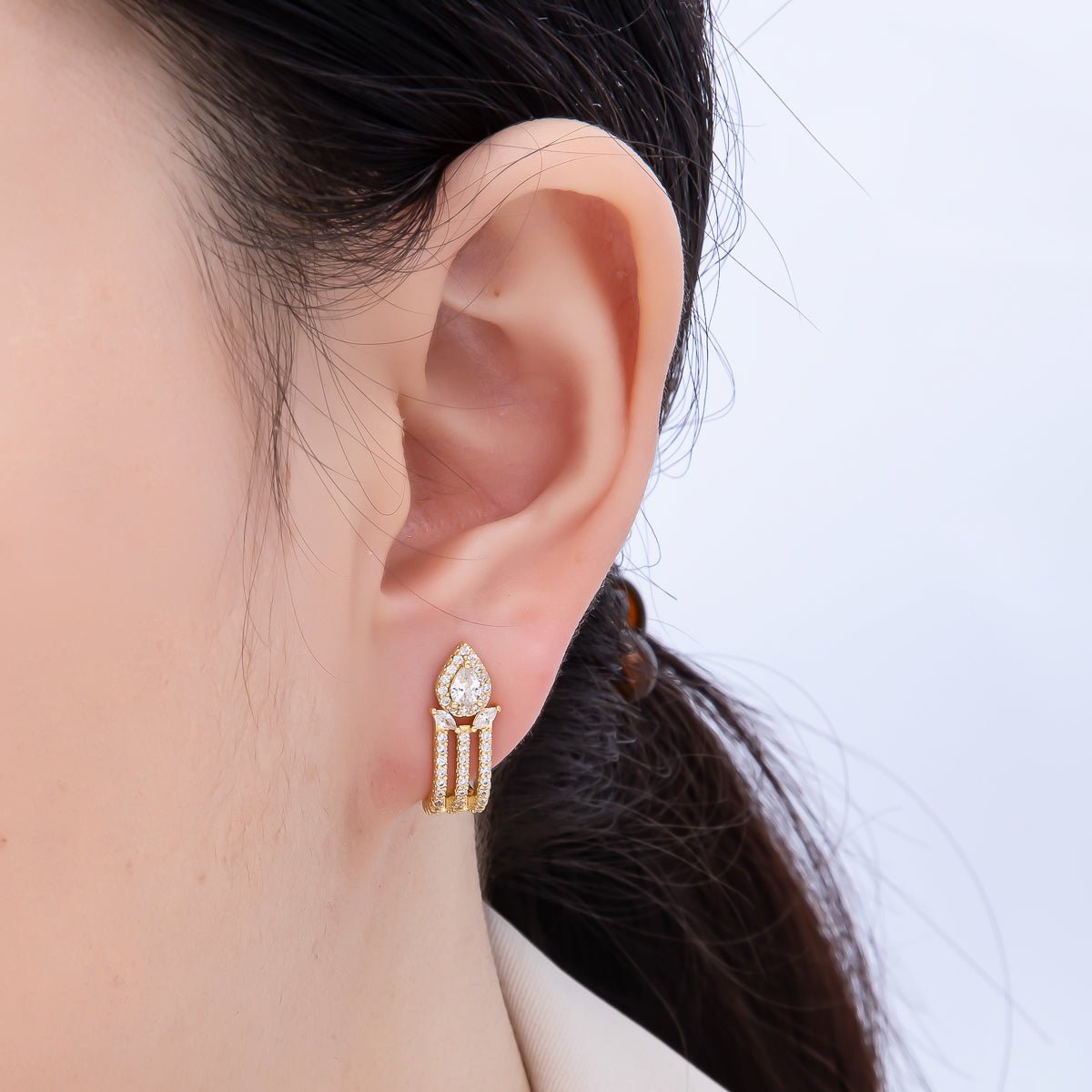 16K Gold Filled 19mm Micro Paved CZ Teardrop Claw J-Shaped Hoop Earrings | Earrings-00340
