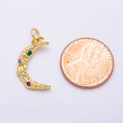 16K Gold Filled 19mm Multicolor CZ Dotted Hammered Celestial Crescent Moon Charm | Charms-01487