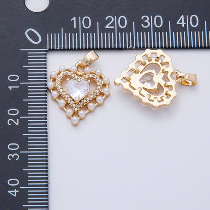 16K Gold Filled 19mm Shell Pearl Clear CZ Micro Paved Open Heart Pendant | Charms-01054