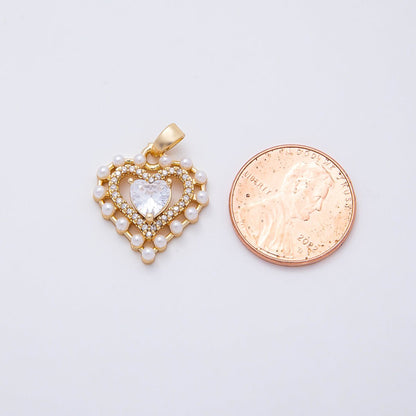 16K Gold Filled 19mm Shell Pearl Clear CZ Micro Paved Open Heart Pendant | Charms-01054