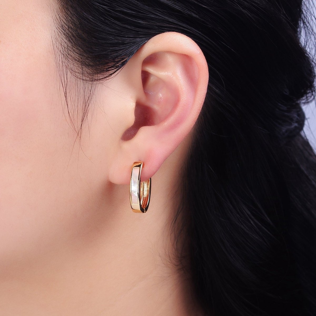 16K Gold Filled 20.3mm Shell Pearl Lined Oval Huggie Earring in Gold &amp; Silver | AD-1038 AD-1039