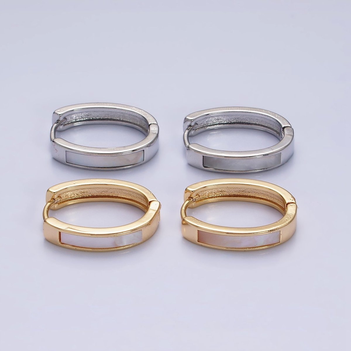 16K Gold Filled 20.3mm Shell Pearl Lined Oval Huggie Earring in Gold &amp; Silver | AD-1038 AD-1039