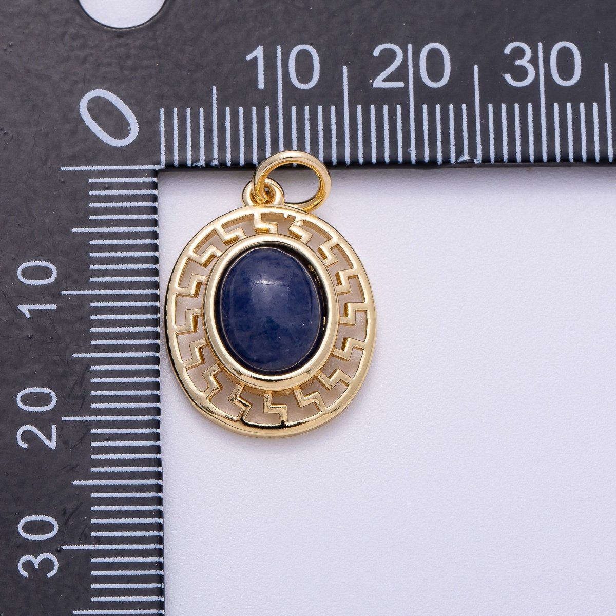 16K Gold Filled 20mm Blue Kyanite Cabochon Gemstone Open Filigree Geometric Bezel Oval Charm | Charms-00599