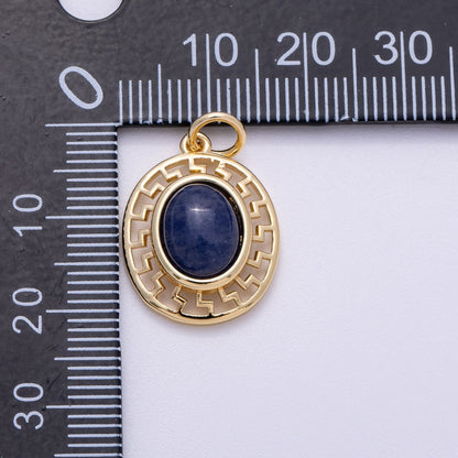 16K Gold Filled 20mm Blue Kyanite Cabochon Gemstone Open Filigree Geometric Bezel Oval Charm | Charms-00599