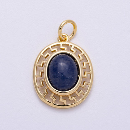 16K Gold Filled 20mm Blue Kyanite Cabochon Gemstone Open Filigree Geometric Bezel Oval Charm | Charms-00599