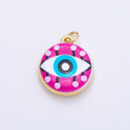 16K Gold Filled 20mm Blue Pink Evil Eye Enamel Round Charm | Charms-01241