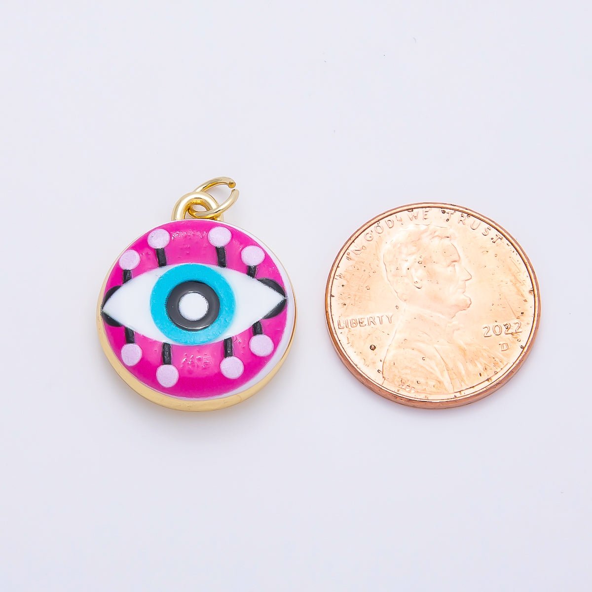 16K Gold Filled 20mm Blue Pink Evil Eye Enamel Round Charm | Charms-01241