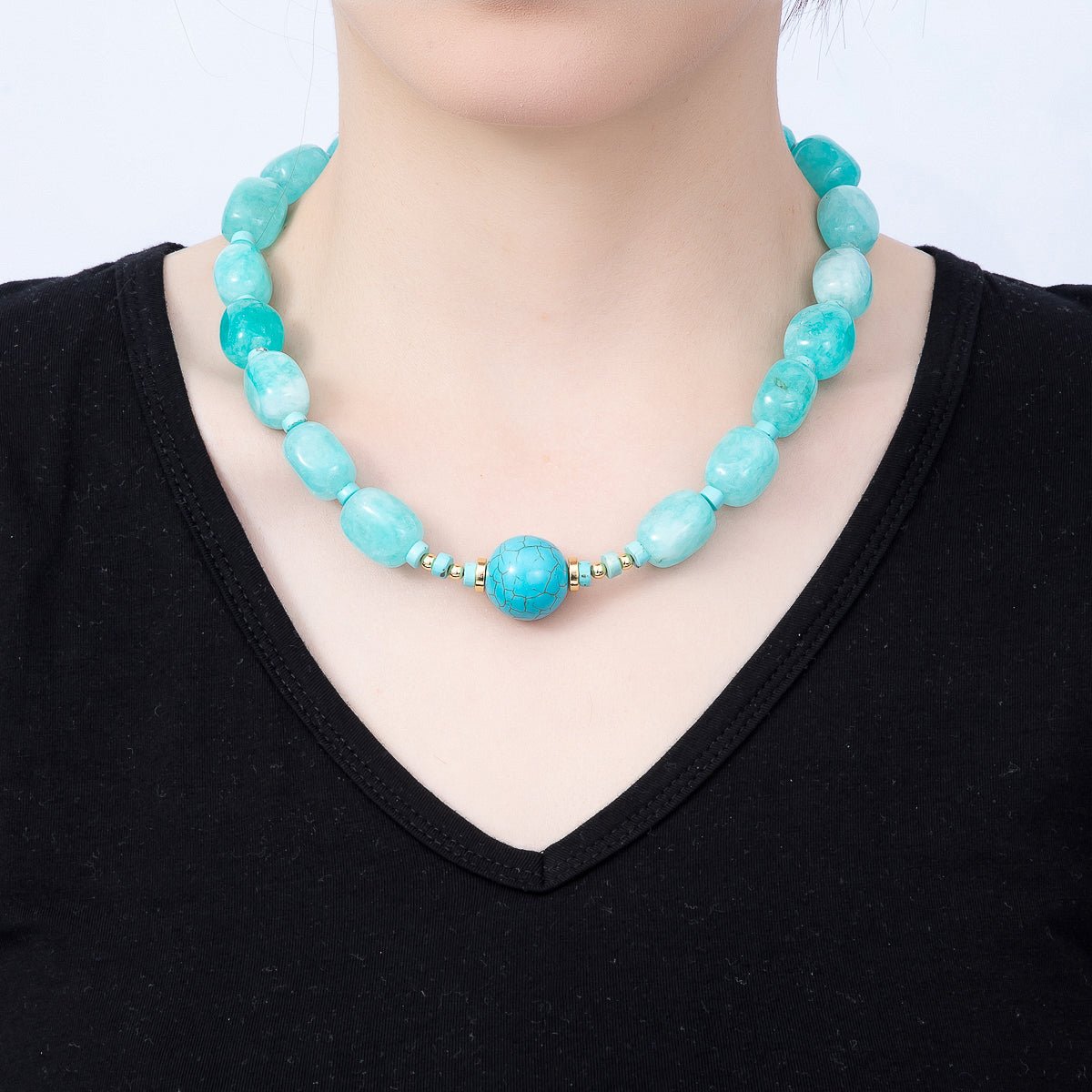 16K Gold Filled 20mm Blue Turquoise Rectangle Gemstone Chain 19 Inch Necklace | WA-01312